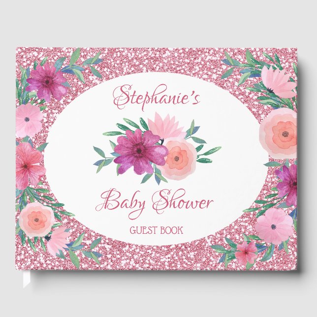 Rosa Rose Gold Glitzer Kinderdusche Gästebuch (Vorderseite)