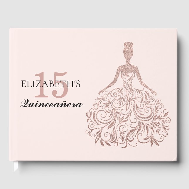 Rosa Rose Gold Glitzer Kleid Quinceañera Geburtsta Gästebuch (Vorderseite)