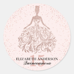 Rosa Rose Gold Glitzer Kleid Sparkasse Quinceañera Runder Aufkleber