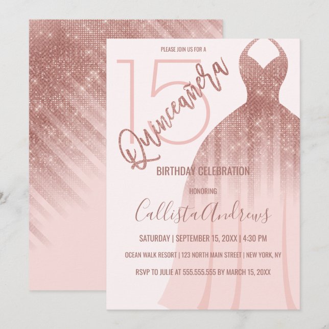 Rosa Rose Gold Glitzer Kostüm Quinceañera Einladung (Vorne/Hinten)
