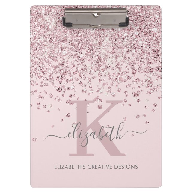 Rosa Rose Gold Glitzer Mit Monogramm Blush Klemmbrett (Vorderseite)