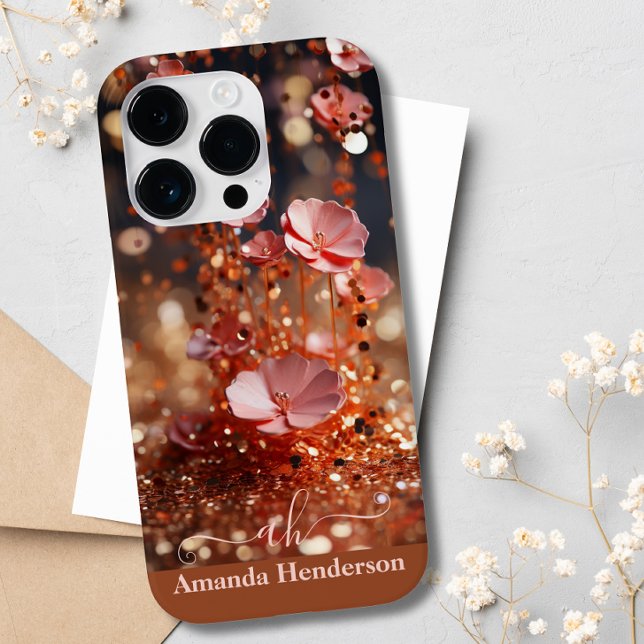 Rosa Rose Gold Glitzer Mit Monogramm Case-Mate iPhone 14 Pro Hülle (Von Creator hochgeladen)