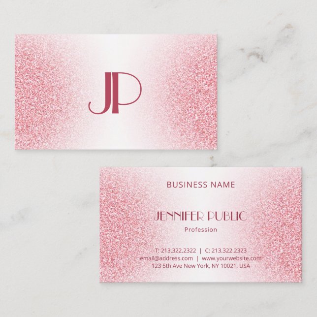 Rosa Rose Gold Glitzer Modernes, elegantes Monogra Visitenkarte (Vorne/Hinten)