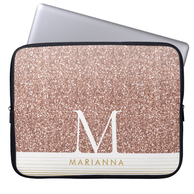 Rosa Rose Gold Glitzer Modernes Monogram Notebook Laptopschutzhülle (Vorderseite)