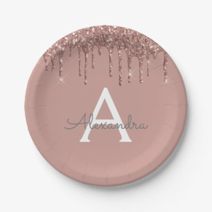 Rosa Rose Gold Glitzer Monogram Birthday Pappteller