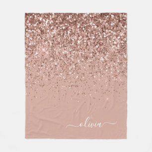 Rosa Rose Gold Glitzer Monogram Name Fleecedecke