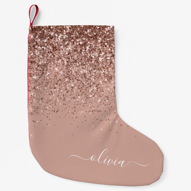 Rosa Rose Gold Glitzer Monogram Name Kleiner Weihnachtsstrumpf (Vorderseite)