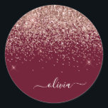 Rosa Rose Gold Glitzer Monogram Runder Aufkleber<br><div class="desc">Rose Gold - Schwarz Rosa und Burgund Sparkle Glitzer Monogram Name Party Aufkleber Adressenmarken. Das macht den perfekten 16 Geburtstag,  Hochzeit,  Brautparty,  Jubiläum,  Babydusche oder Junggeselinnen-Abschied Geschenk für jemanden,  der Lieben glamourösen Luxus und schicke Stile.</div>