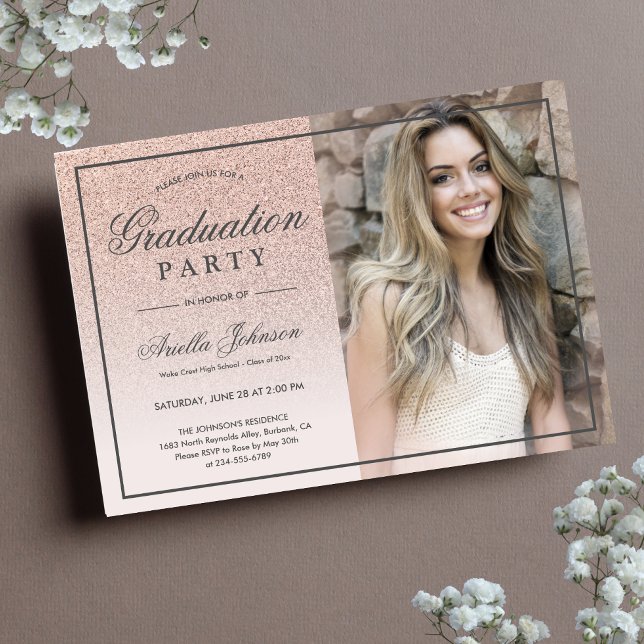 Rosa Rose Gold Glitzer ombre Graduation Party Einladung (Rose Gold Graduation Party Invitation)