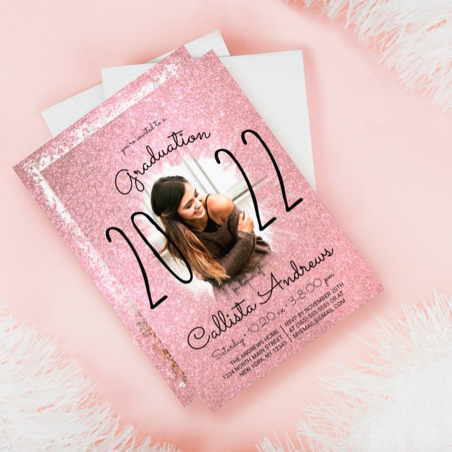 Rosa Rose Gold Glitzer Ombre Halo Foto Abschluss Einladung (Von Creator hochgeladen)