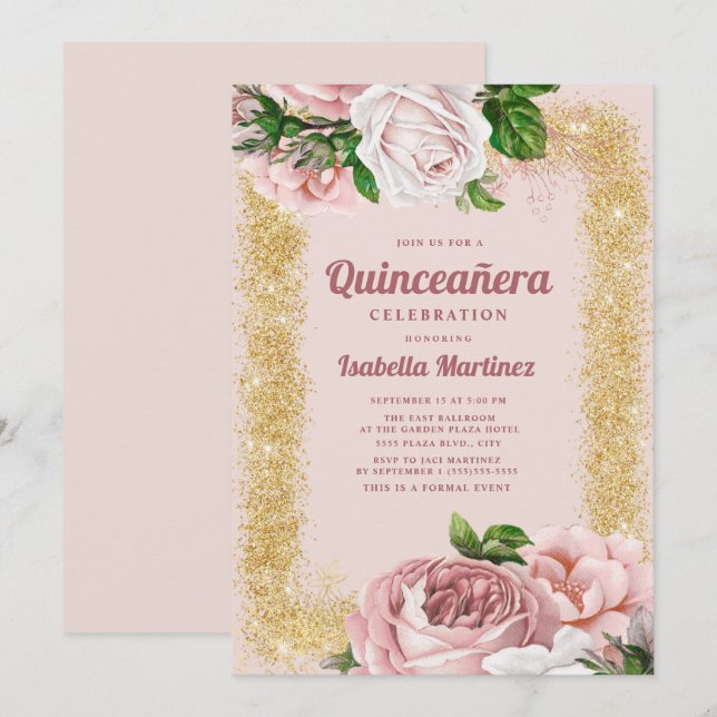 Rosa Rose Gold Glitzer Quinceañera Einladung (Vorne/Hinten)