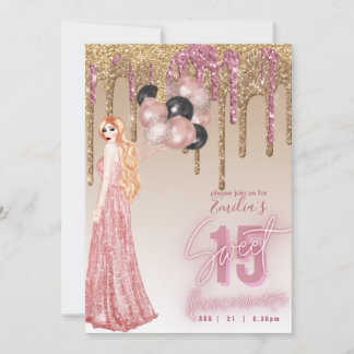 Rosa Rose Gold Glitzer Quinceanera Rotes Haar Girl Einladung