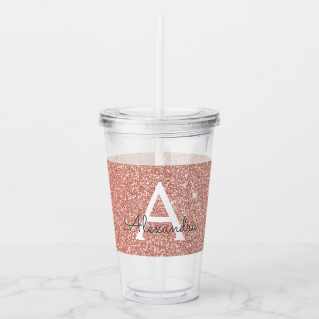 Rosa Rose Gold Glitzer & Sparkle Monogram Birthday Acryltrinkbecher (Vorderseite)