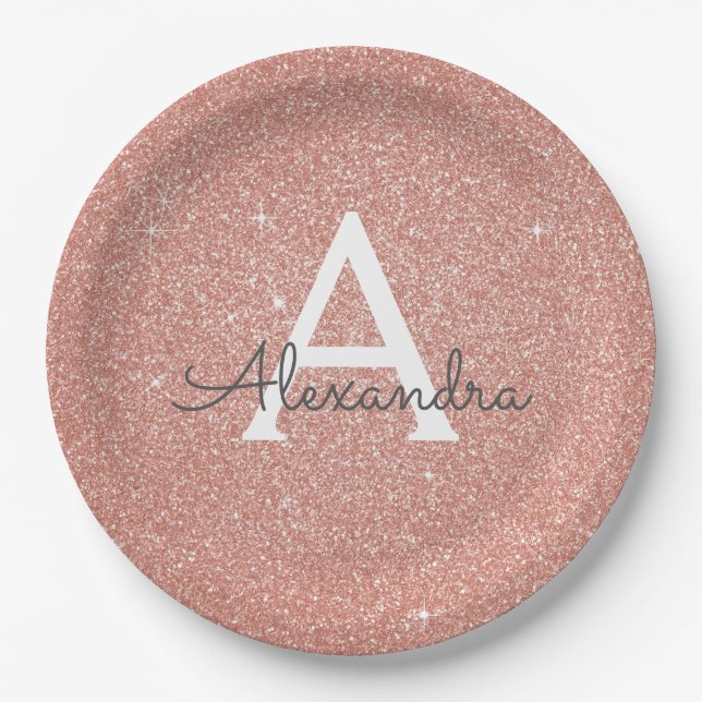 Rosa Rose Gold Glitzer & Sparkle Monogram Birthday Pappteller (Vorderseite)