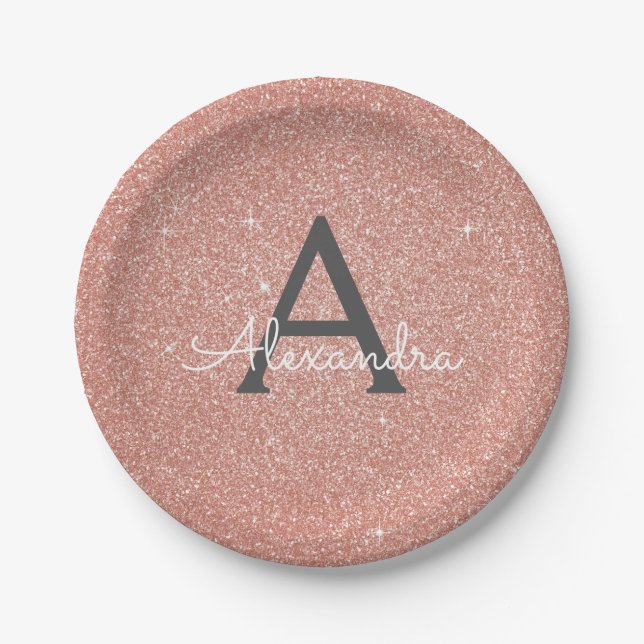 Rosa Rose Gold Glitzer & Sparkle Monogram Birthday Pappteller (Vorderseite)