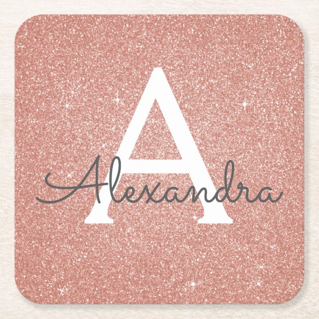 Rosa Rose Gold Glitzer & Sparkle Monogram Birthday Rechteckiger Pappuntersetzer (Vorderseite)