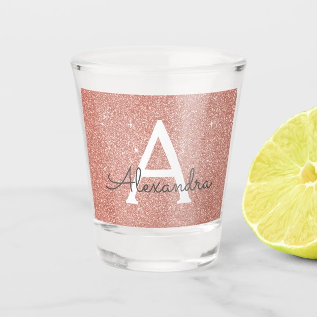 Rosa Rose Gold Glitzer & Sparkle Monogram Birthday Schnapsglas (Vorderseite)