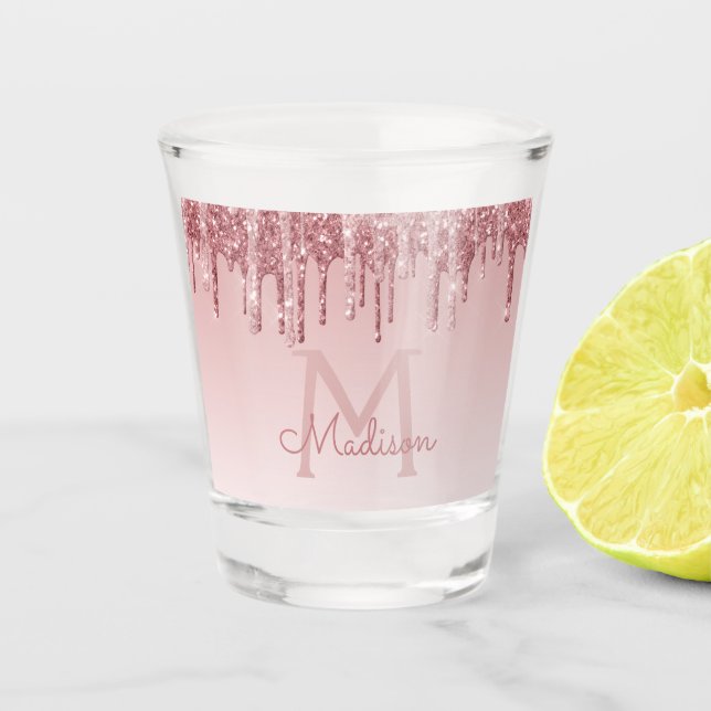 Rosa Rose Gold Glitzer & Sparkle Monogram Birthday Schnapsglas (Vorderseite)