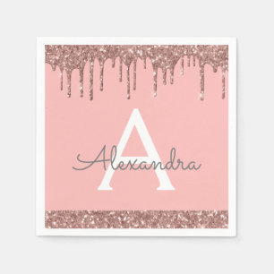 Rosa Rose Gold Glitzer & Sparkle Monogram Birthday Serviette