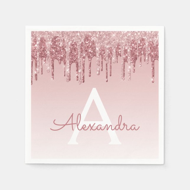 Rosa Rose Gold Glitzer & Sparkle Monogram Birthday Serviette (Vorderseite)