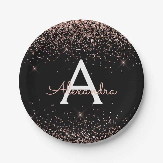 Rosa Rose Gold Glitzer Sparkone Monogram Birthday Pappteller (Vorderseite)