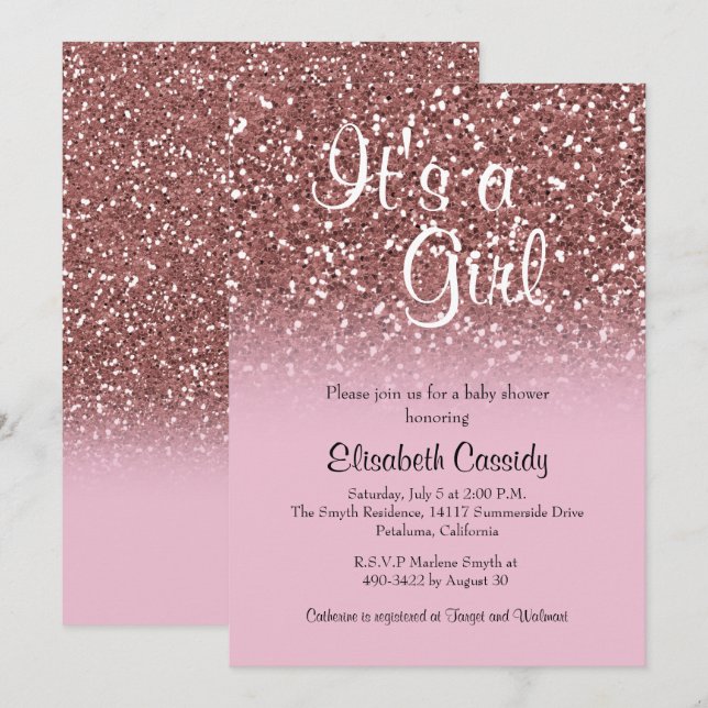 Rosa Rose Gold Glitzer Sprinkle Baby Dusche laden Einladung (Vorne/Hinten)