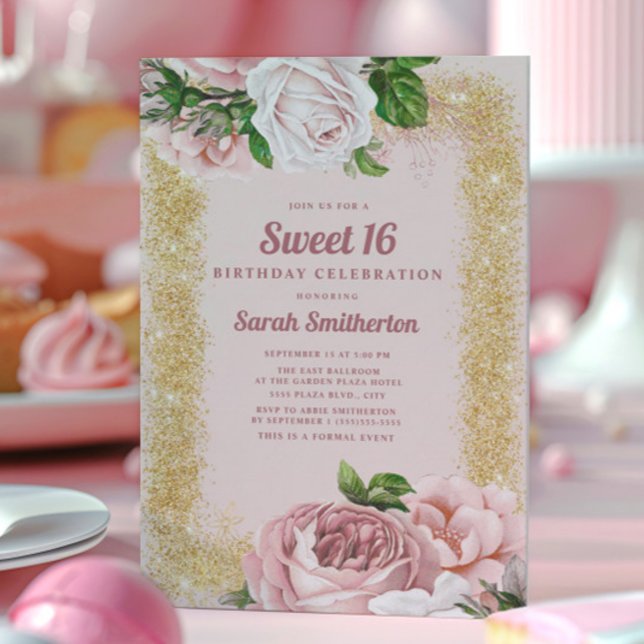 Rosa Rose Gold Glitzer Sweet 16 Einladung (Blush pink roses and gold glitter Sweet 16 invitation)