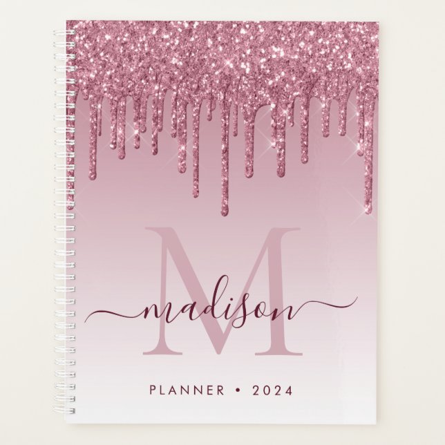 Rosa Rose Gold Glitzer Tropfen Girl Monogram Planer (Vorderseite)