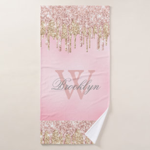 Rosa Rose Gold Glitzer Tropfen Mit Monogramm  Badehandtuch