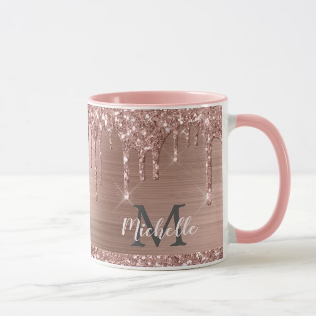 Rosa Rose Gold Glitzer Tropfen Mit Monogramm Tasse (Rechts)