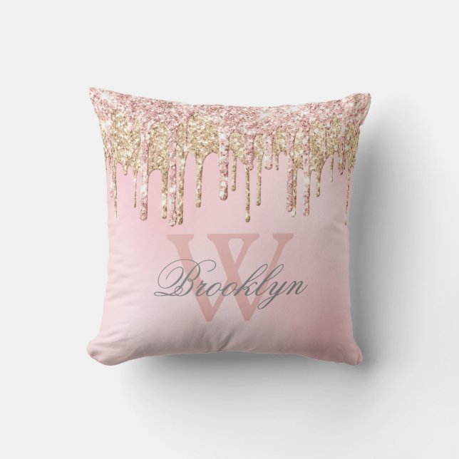 Rosa Rose Gold Glitzer Tropfen Monogramm Kissen (Vorderseite)