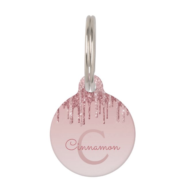 Rosa Rose Gold Glitzer und Monogramm-Name Haustiermarke (Vorderseite)
