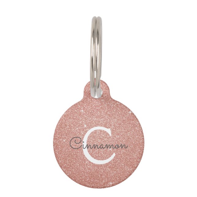 Rosa Rose Gold Glitzer und Monogramm-Name Haustiermarke (Vorderseite)