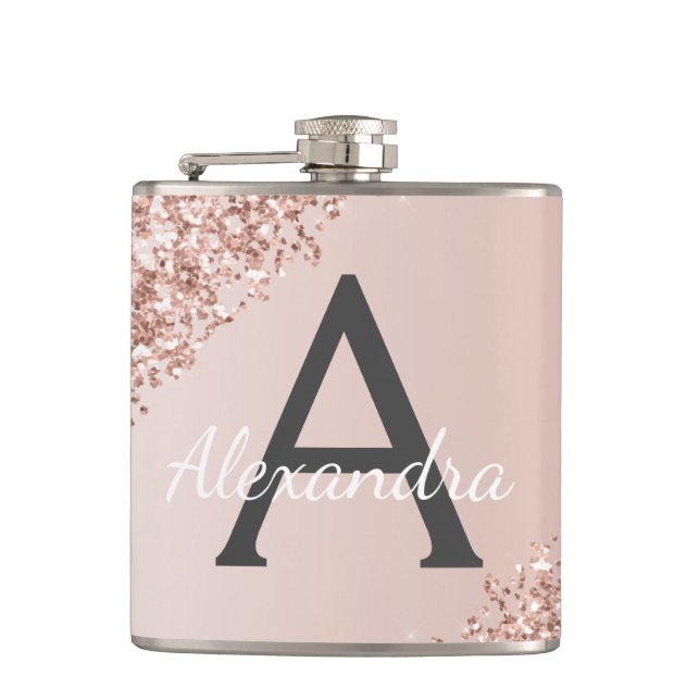 Rosa Rose Gold Glitzer und Sparklogramm Flachmann (Vorderseite)
