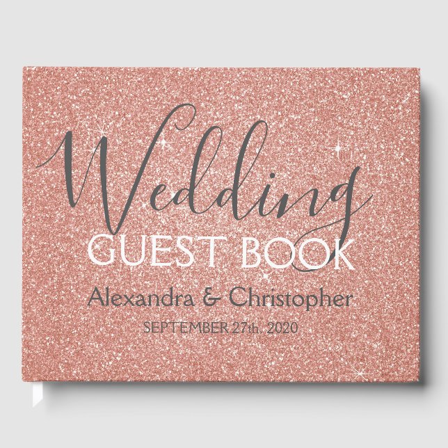 Rosa Rose Gold Glitzer Wedding Guest Book Gästebuch (Vorderseite)