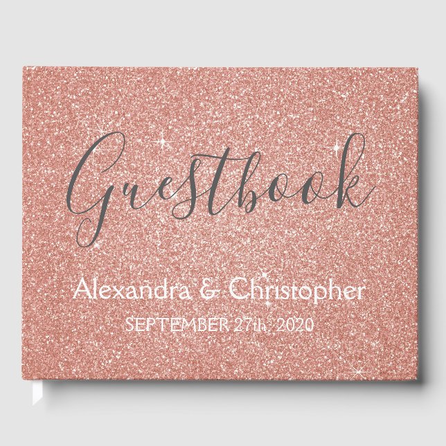 Rosa Rose Gold Glitzer Wedding Guest Book Gästebuch (Vorderseite)