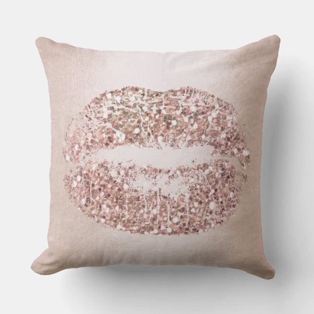 Rosa Rose Gold Lippen Glitzer Pinsel Makeup Kiss Kissen (Vorderseite)