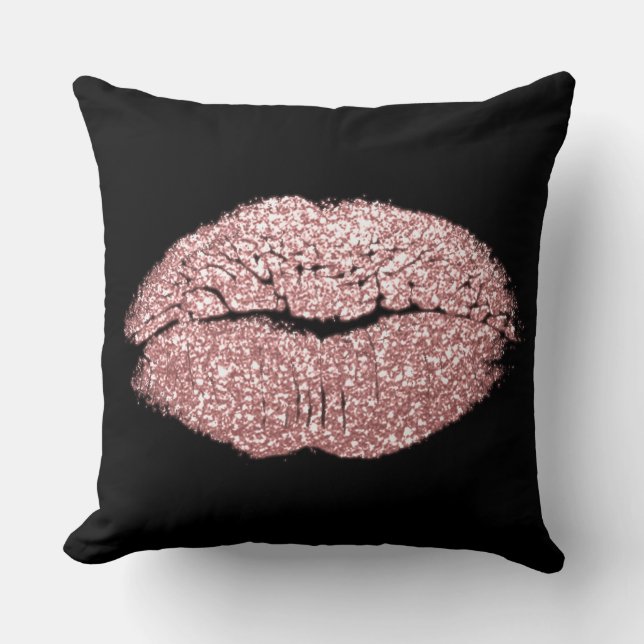 Rosa Rose Gold Lippen Glitzer Schwarzer Makeup Kis Kissen (Vorderseite)