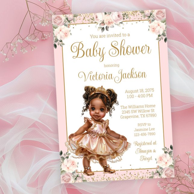 Rosa Rose Gold Little Princess Baby Dusche Einladung (Sweet little princess with pretty rose gold dress and shoes with delicate watercolor flowers.)