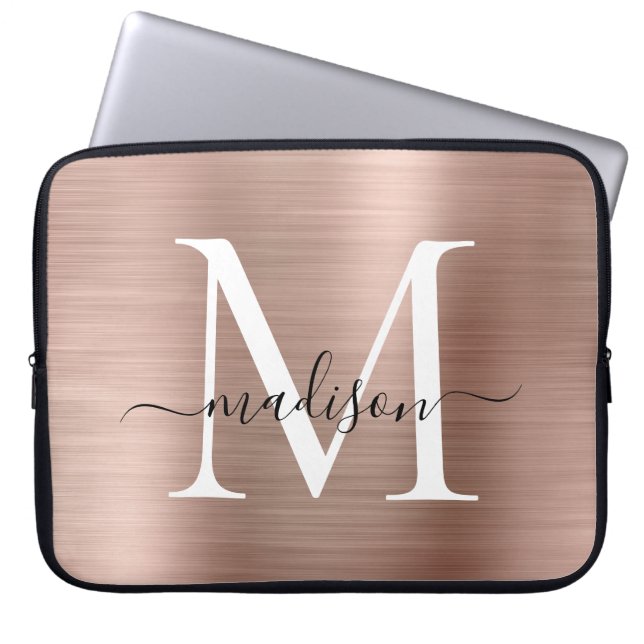Rosa Rose Gold Metal Giral Niedliches Script Monog Laptopschutzhülle (Vorderseite)