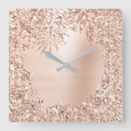 Rosa Rose Gold Metallischer Botanischer Glitzer Quadratische Wanduhr