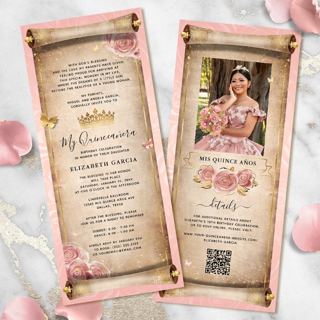 Rosa Rose Gold Mis Quinte Foto Scroll Einladung (Elegant gold and blush pink rose quinceanera scroll invitation cards for your fairytale birthday.)