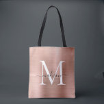 Rosa Rose Gold Monogram Glam Brushed Metal Script Tasche<br><div class="desc">Glam Pink Rose Gold Pinselform Monogram Tote Bag</div>
