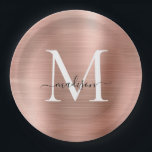 Rosa Rose Gold Monogram Script Glam Metallic Steel Pappteller<br><div class="desc">Rosa Rose Gold Monogram Script Glam Metallic Steel Paper Plate</div>
