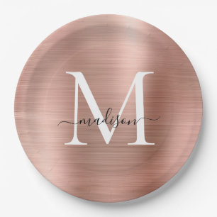 Rosa Rose Gold Monogram Script Glam Metallic Steel Pappteller