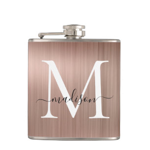Rosa Rose Gold Monogramm Script aus gebürstetem St Flachmann