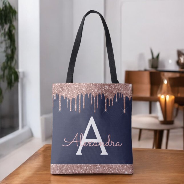 Rosa Rose Gold Navy Blue Glitzer Elegantes Monogra Tasche (Von Creator hochgeladen)