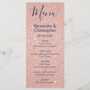 Rosa Rose Gold Navy Blue Glitzer Hochzeitsmenü Menükarte