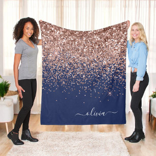 Rosa Rose Gold Navy Blue Glitzer Monogram Fleecedecke