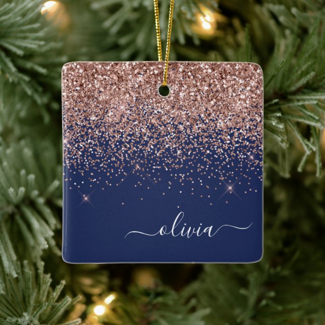 Rosa Rose Gold Navy Blue Glitzer Monogram Keramikornament (Baum)
